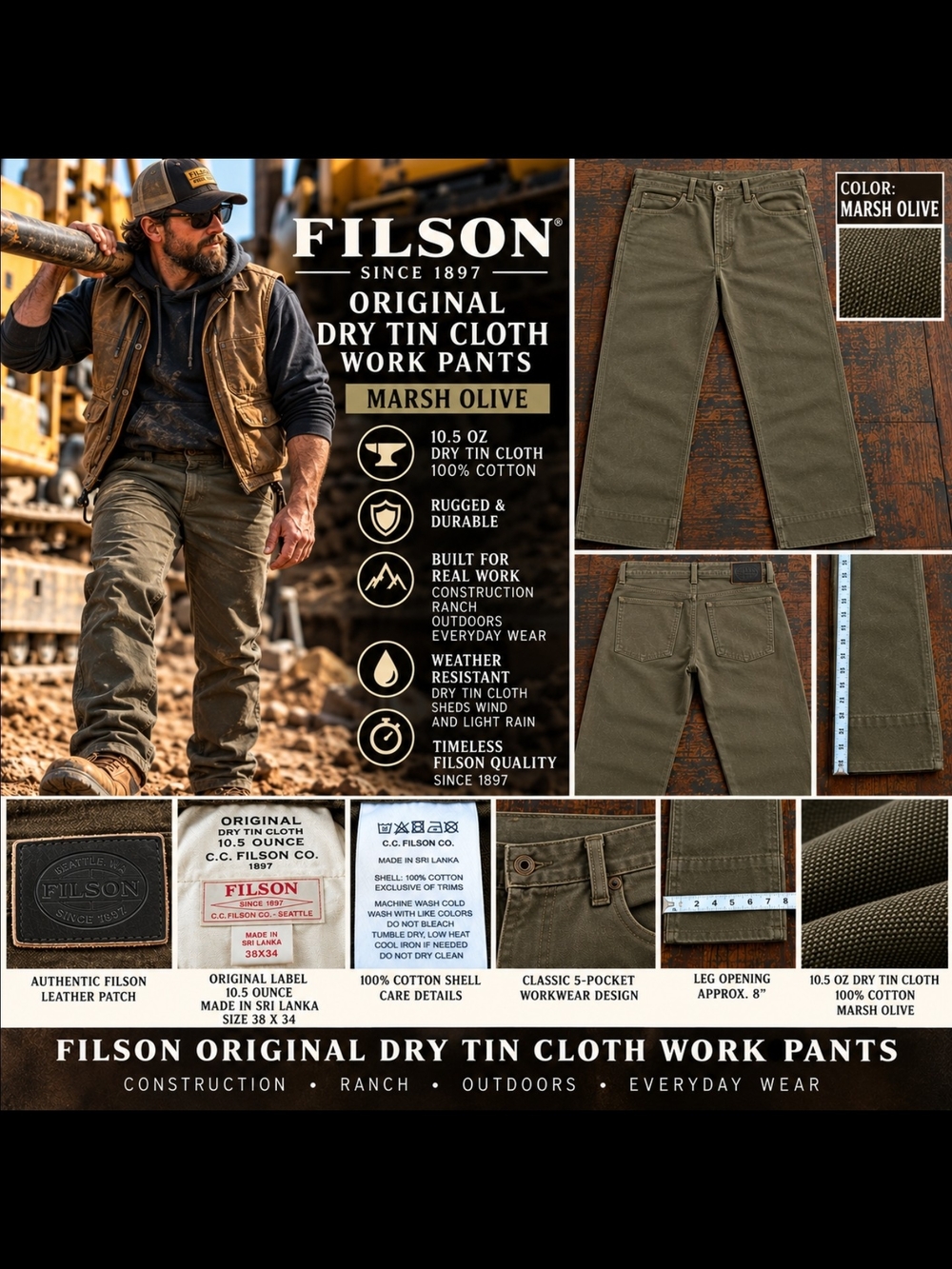 Filson Original Dry Tin Cloth Work Pants 38x34 Marsh Olive 10.5 oz Canvas.